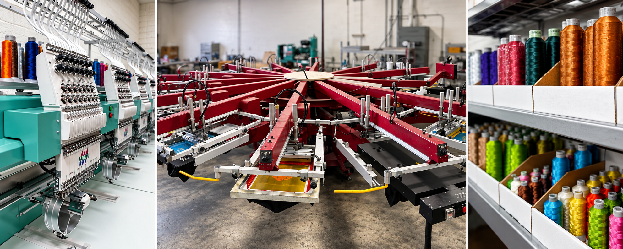 Embroidery equipment, a screen printing press, and colorful thread in the Sequoia Apparel workshop